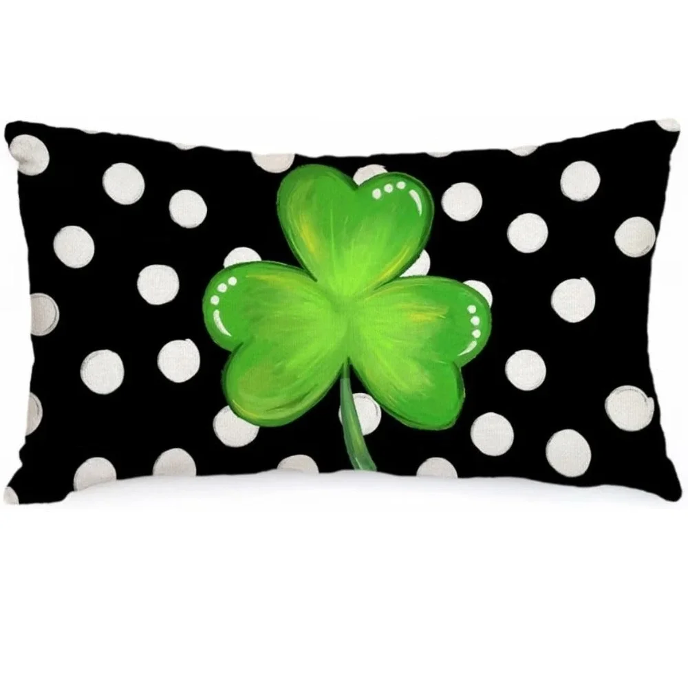 St Patricks Day Shamrock Polka Dot Lumbar Throw Pillow Cover Black White Green